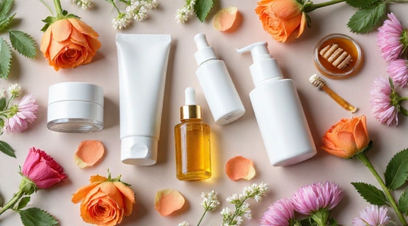 Skincare routine with natural facial creams and serums