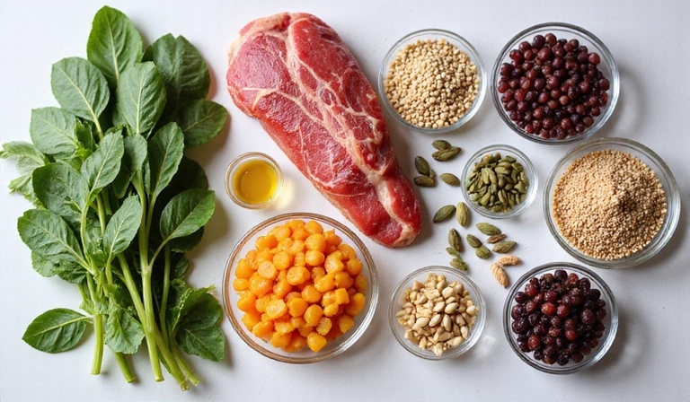 Iron-rich foods like spinach, red meat, and legumes alongside magnesium sources like pumpkin seeds and dark leafy greens