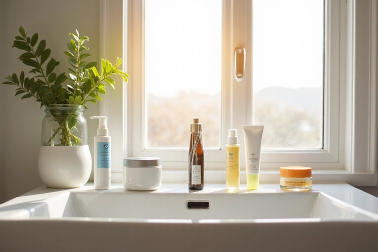 Morning skincare routine products arranged on bathroom counter with natural sunlight